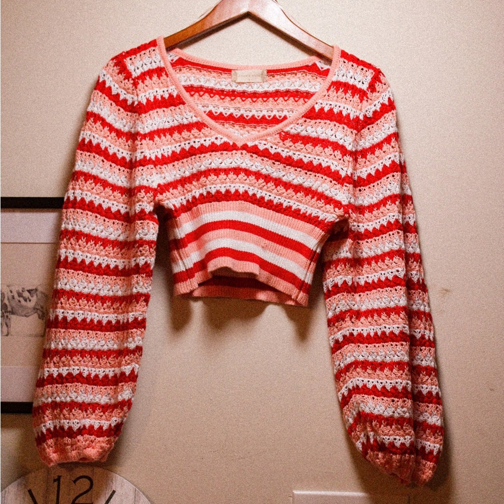 Crochet strawberry stripe sweater from Altar’d State